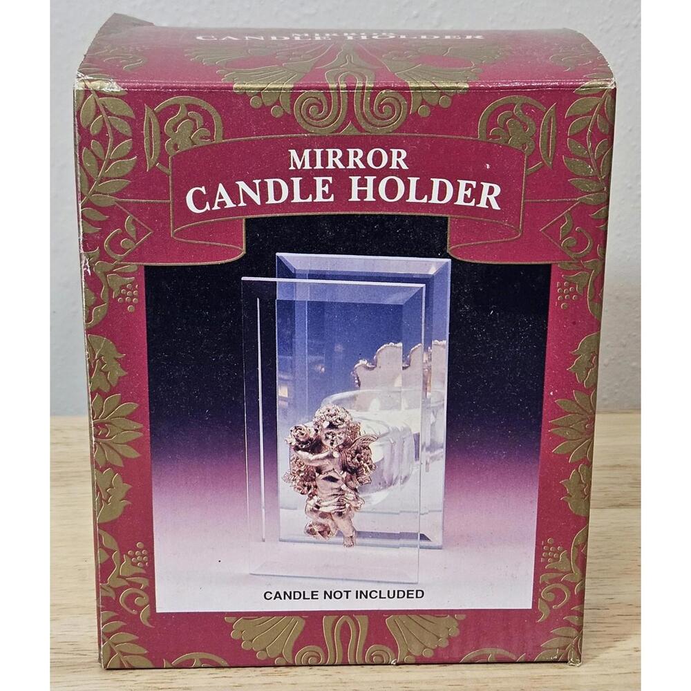 Beveled Glass Mirror Gold Angel Cherub Candle Holder Rectangular Shape